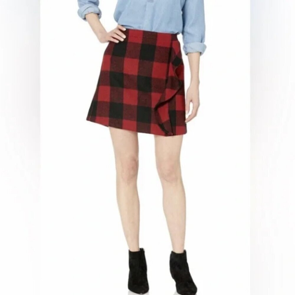 J. Crew Factory Ruffle-Front Mini Skirt in Double-Serge Wool Red/Black Size 6